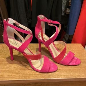 Pink and red suede sandals